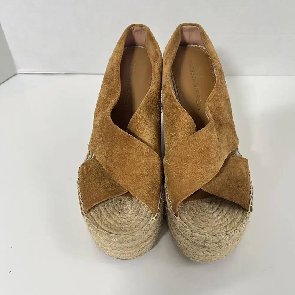 Sigerson Morrison Atifa Espadrille Wedge Sandals Suede Leather Size 7 CamelBrown
